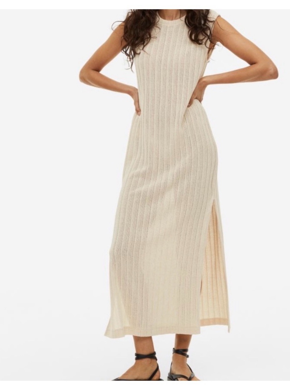 H&M Sleeveless Cable-Knit Midi Dress in Cream
